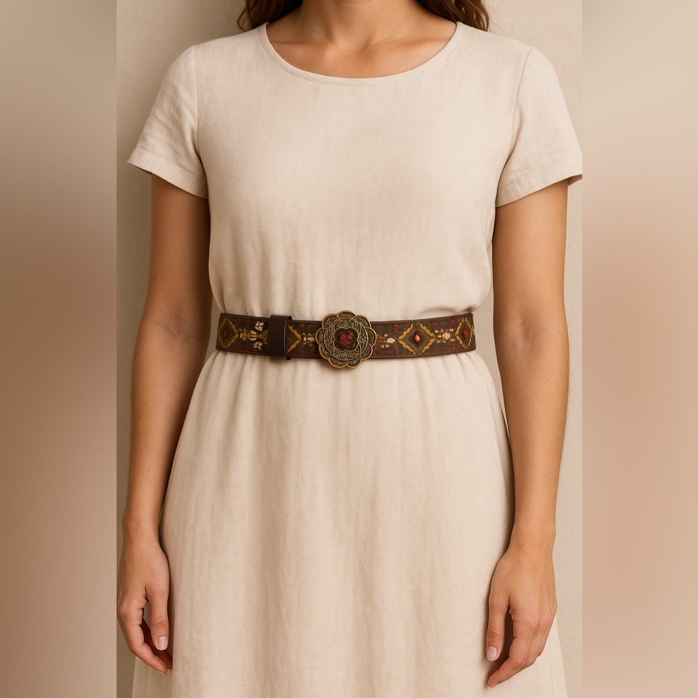 Luckyโ Brand Embroidered Brown Leather Belt with Floral Buckle Sz. XS